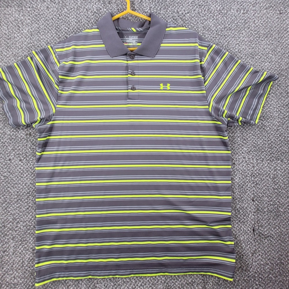 Under Armour HeatGear Mens 2XL Gray Neon Yellow Striped Loose Fit Golf Polo